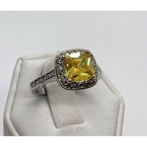 Vintage Yellow Cubic Zirconia‎ Halo Ring Silver Tone Size 8.75 Engagement Style